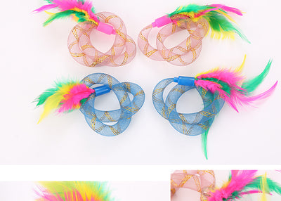 Two blue mesh cat toys with intertwined rings and colorful pink, green, and yellow feathers. - Image 7