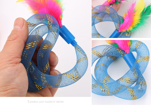 Two blue mesh cat toys with intertwined rings and colorful pink, green, and yellow feathers. - Image 8