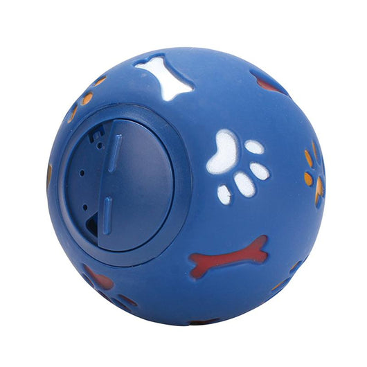 Red rubber pet puzzle ball with white, blue, and orange paw print and bone cutouts, featuring a treat dispenser opening. - Image 11