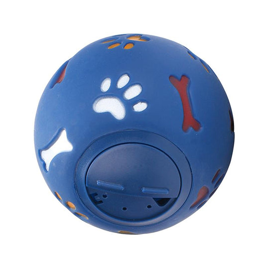 Red rubber pet puzzle ball with white, blue, and orange paw print and bone cutouts, featuring a treat dispenser opening. - Image 13