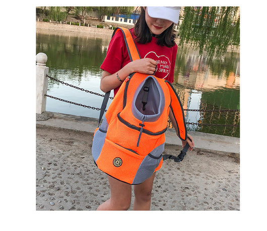 Orange and grey pet carrier backpack with breathable mesh, adjustable neck opening, and front zipper pocket. - Image 18