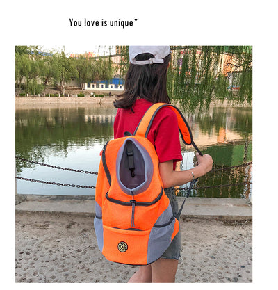 Orange and grey pet carrier backpack with breathable mesh, adjustable neck opening, and front zipper pocket. - Image 19