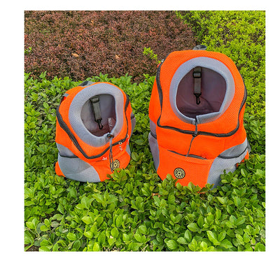 Orange and grey pet carrier backpack with breathable mesh, adjustable neck opening, and front zipper pocket. - Image 23