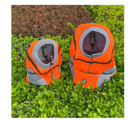 Orange and grey pet carrier backpack with breathable mesh, adjustable neck opening, and front zipper pocket. - Image 23