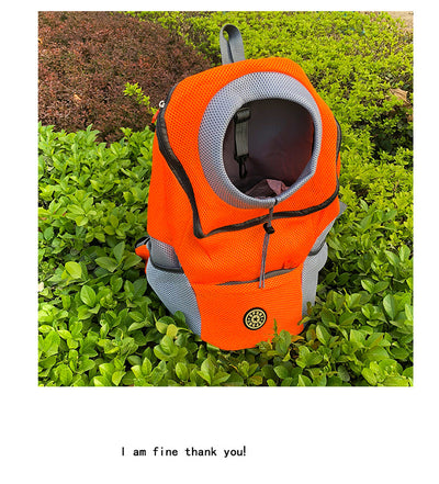 Orange and grey pet carrier backpack with breathable mesh, adjustable neck opening, and front zipper pocket. - Image 24