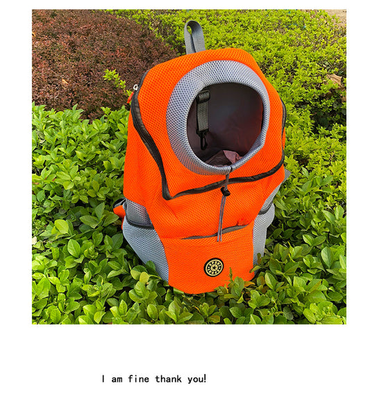 Orange and grey pet carrier backpack with breathable mesh, adjustable neck opening, and front zipper pocket. - Image 24