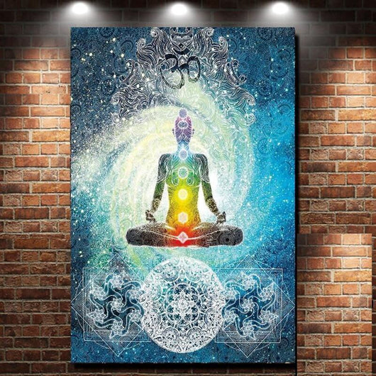 7 Chakra Buddha wall tapestry with a meditating figure, rainbow chakras, Om symbol, and cosmic blue mandala background. - Image 8