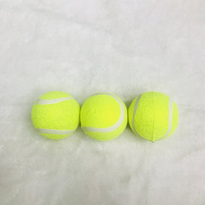 Three bright yellow dog tennis balls with white seams, made of rubber and felt, stacked on a soft background. - Image 11