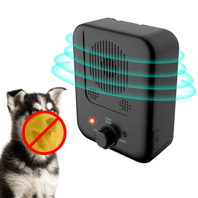 Black ultrasonic anti-barking device with a red light and a control knob, next to yellow pet goggles with rainbow lenses. - Image 22