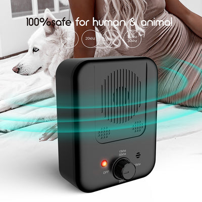 Black ultrasonic anti-barking device with a red light and a control knob, next to yellow pet goggles with rainbow lenses. - Image 23