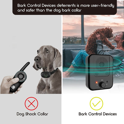 Black ultrasonic anti-barking device with a red light and a control knob, next to yellow pet goggles with rainbow lenses. - Image 28