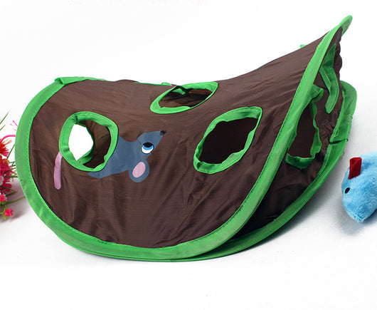 Brown and green cat interactive toy with nine mouse holes and a gray mouse graphic for hide and seek play. - Image 11