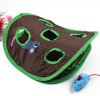 Brown and green cat interactive toy with nine mouse holes and a gray mouse graphic for hide and seek play. - Image 12