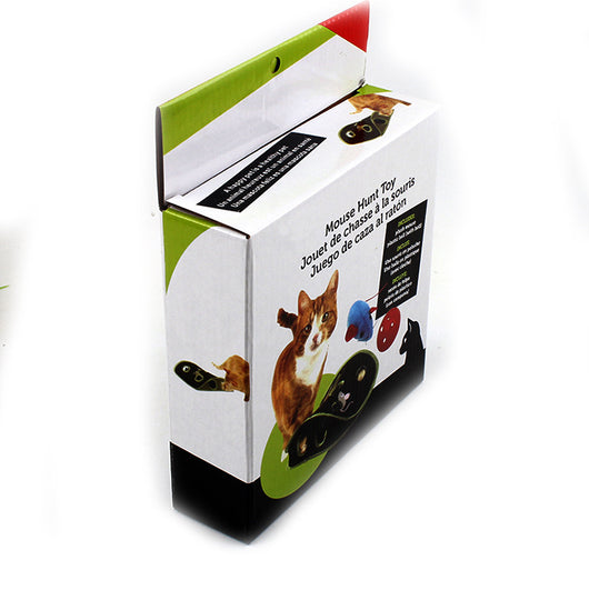Brown and green cat interactive toy with nine mouse holes and a gray mouse graphic for hide and seek play. - Image 15