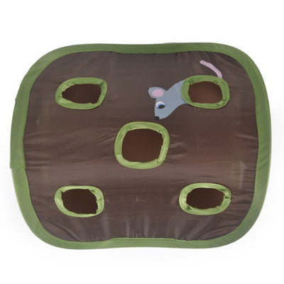 Brown and green cat interactive toy with nine mouse holes and a gray mouse graphic for hide and seek play. - Image 18