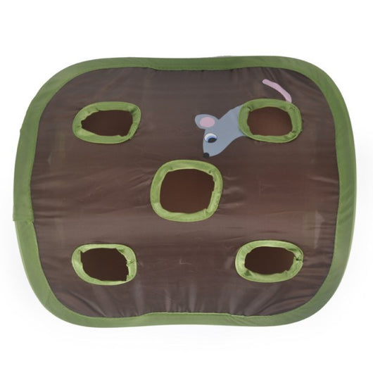 Brown and green cat interactive toy with nine mouse holes and a gray mouse graphic for hide and seek play. - Image 18