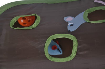 Brown and green cat interactive toy with nine mouse holes and a gray mouse graphic for hide and seek play. - Image 19