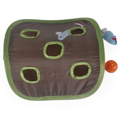 Brown and green cat interactive toy with nine mouse holes and a gray mouse graphic for hide and seek play. - Image 23