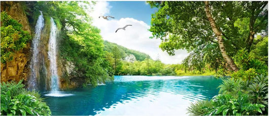 3D wallpaper mural depicting a vibrant landscape with a waterfall, blue lake, lush green trees, and flying birds. - Image 7