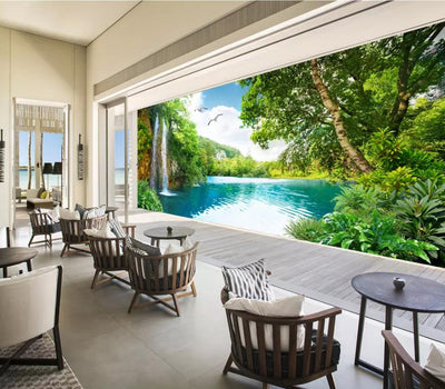3D wallpaper mural depicting a vibrant landscape with a waterfall, blue lake, lush green trees, and flying birds. - Image 10