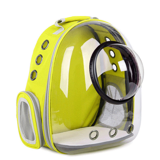 Dark grey transparent pet carrier backpack with a white cat plush toy inside, sitting on a path outdoors. - Image 18