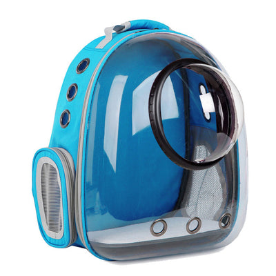 Dark grey transparent pet carrier backpack with a white cat plush toy inside, sitting on a path outdoors. - Image 20