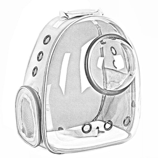 Dark grey transparent pet carrier backpack with a white cat plush toy inside, sitting on a path outdoors. - Image 21
