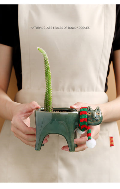 Maceta Decorativa de Cerámica con Diseño de Gato y Cactus - Image 9