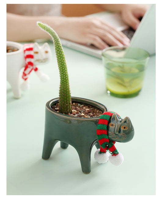 Maceta Decorativa de Cerámica con Diseño de Gato y Cactus - Image 11