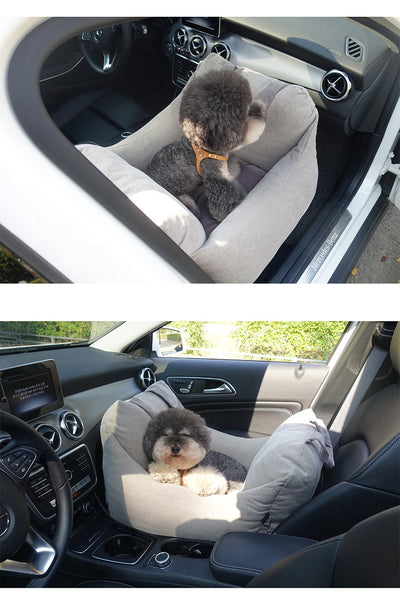 Beige pet car carrier seat with tan straps and a separate red pet seatbelt leash for safe car travel. - Image 21