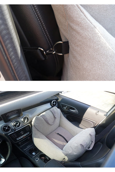 Beige pet car carrier seat with tan straps and a separate red pet seatbelt leash for safe car travel. - Image 26