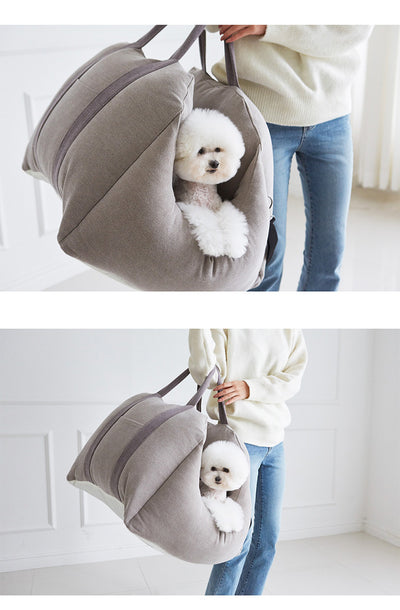 Beige pet car carrier seat with tan straps and a separate red pet seatbelt leash for safe car travel. - Image 27