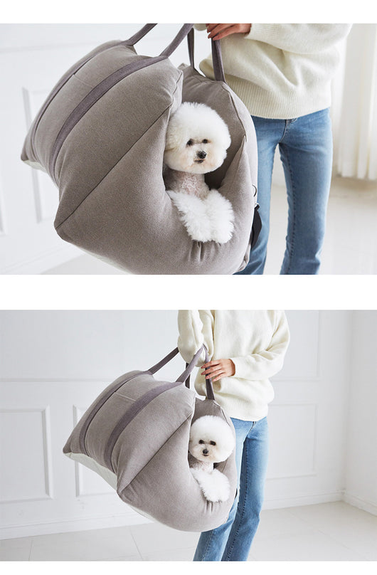 Beige pet car carrier seat with tan straps and a separate red pet seatbelt leash for safe car travel. - Image 27
