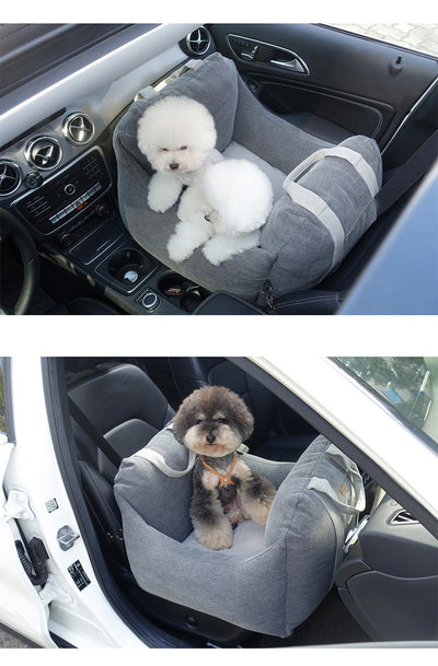 Beige pet car carrier seat with tan straps and a separate red pet seatbelt leash for safe car travel. - Image 33