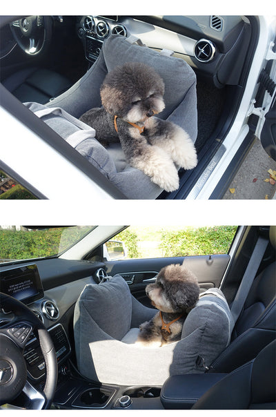 Beige pet car carrier seat with tan straps and a separate red pet seatbelt leash for safe car travel. - Image 34