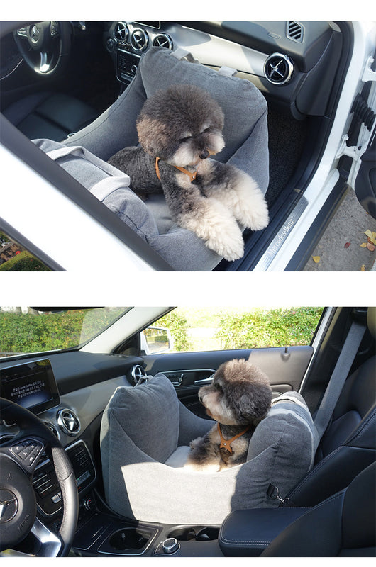 Beige pet car carrier seat with tan straps and a separate red pet seatbelt leash for safe car travel. - Image 34