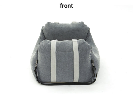 Beige pet car carrier seat with tan straps and a separate red pet seatbelt leash for safe car travel. - Image 35