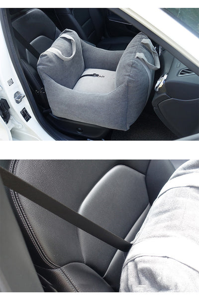 Beige pet car carrier seat with tan straps and a separate red pet seatbelt leash for safe car travel. - Image 38