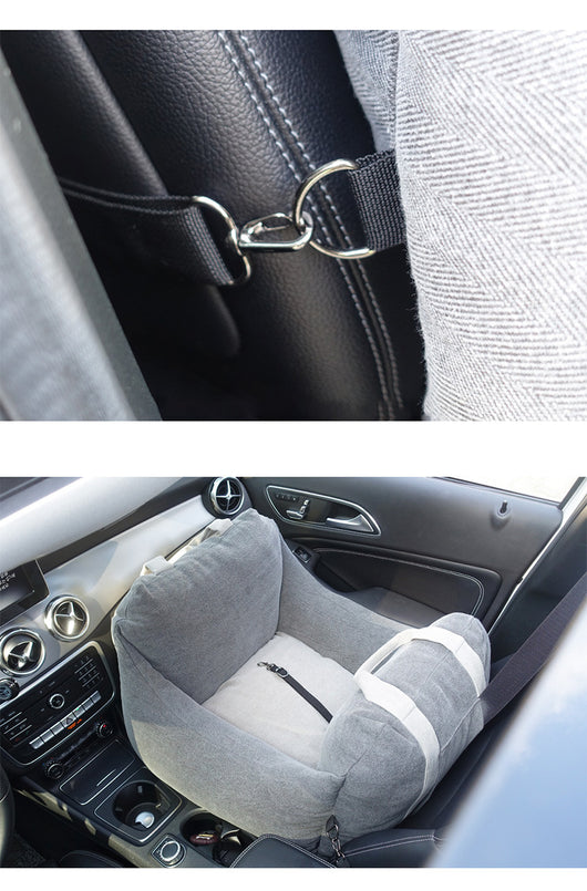 Beige pet car carrier seat with tan straps and a separate red pet seatbelt leash for safe car travel. - Image 39