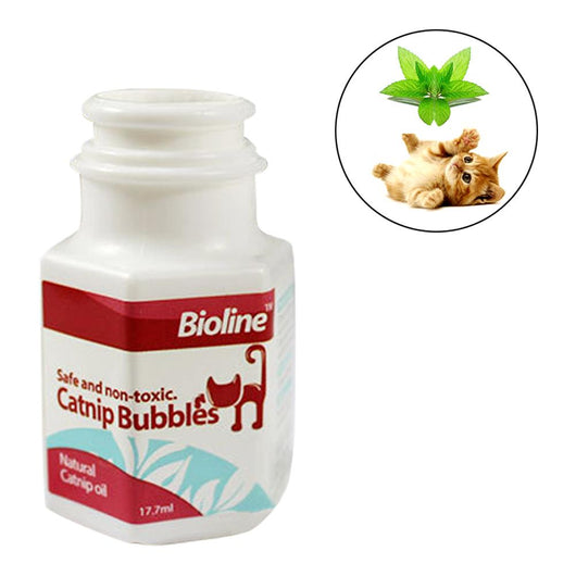 Bioline Catnip Bubbles bottle with a red label, featuring a cat silhouette and text "Safe and non-toxic. Natural Catnip oil 17.7ml". A white bubble wand is next - Image 10
