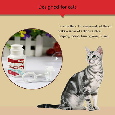 Bioline Catnip Bubbles bottle with a red label, featuring a cat silhouette and text "Safe and non-toxic. Natural Catnip oil 17.7ml". A white bubble wand is next - Image 14