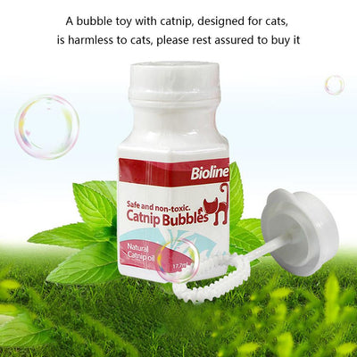 Bioline Catnip Bubbles bottle with a red label, featuring a cat silhouette and text "Safe and non-toxic. Natural Catnip oil 17.7ml". A white bubble wand is next - Image 16
