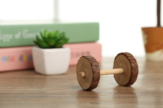 Set of natural wooden hamster toys including dumbbell shapes, a spherical bell toy, and two cylindrical bell toys, with a hamster. - Image 28