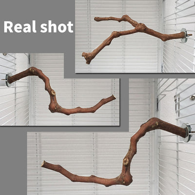 Natural wild grape wood bird perch with a branch, securely mounted inside a white wire bird cage. - Image 7