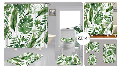 Tropical shower curtain with a vibrant green leaf print, including monstera and palm leaves, on a white background. - Image 2