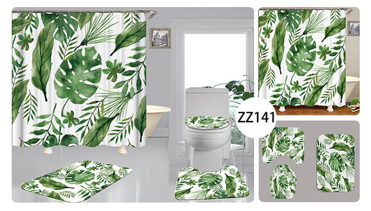 Tropical shower curtain with a vibrant green leaf print, including monstera and palm leaves, on a white background. - Image 2