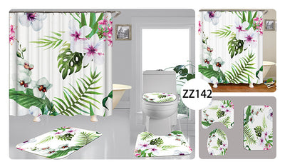 Tropical shower curtain with a vibrant green leaf print, including monstera and palm leaves, on a white background. - Image 3