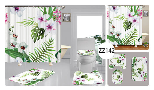 Tropical shower curtain with a vibrant green leaf print, including monstera and palm leaves, on a white background. - Image 3