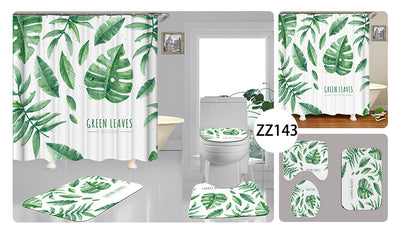 Tropical shower curtain with a vibrant green leaf print, including monstera and palm leaves, on a white background. - Image 4