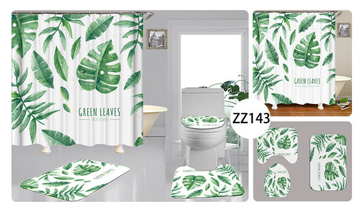 Tropical shower curtain with a vibrant green leaf print, including monstera and palm leaves, on a white background. - Image 4